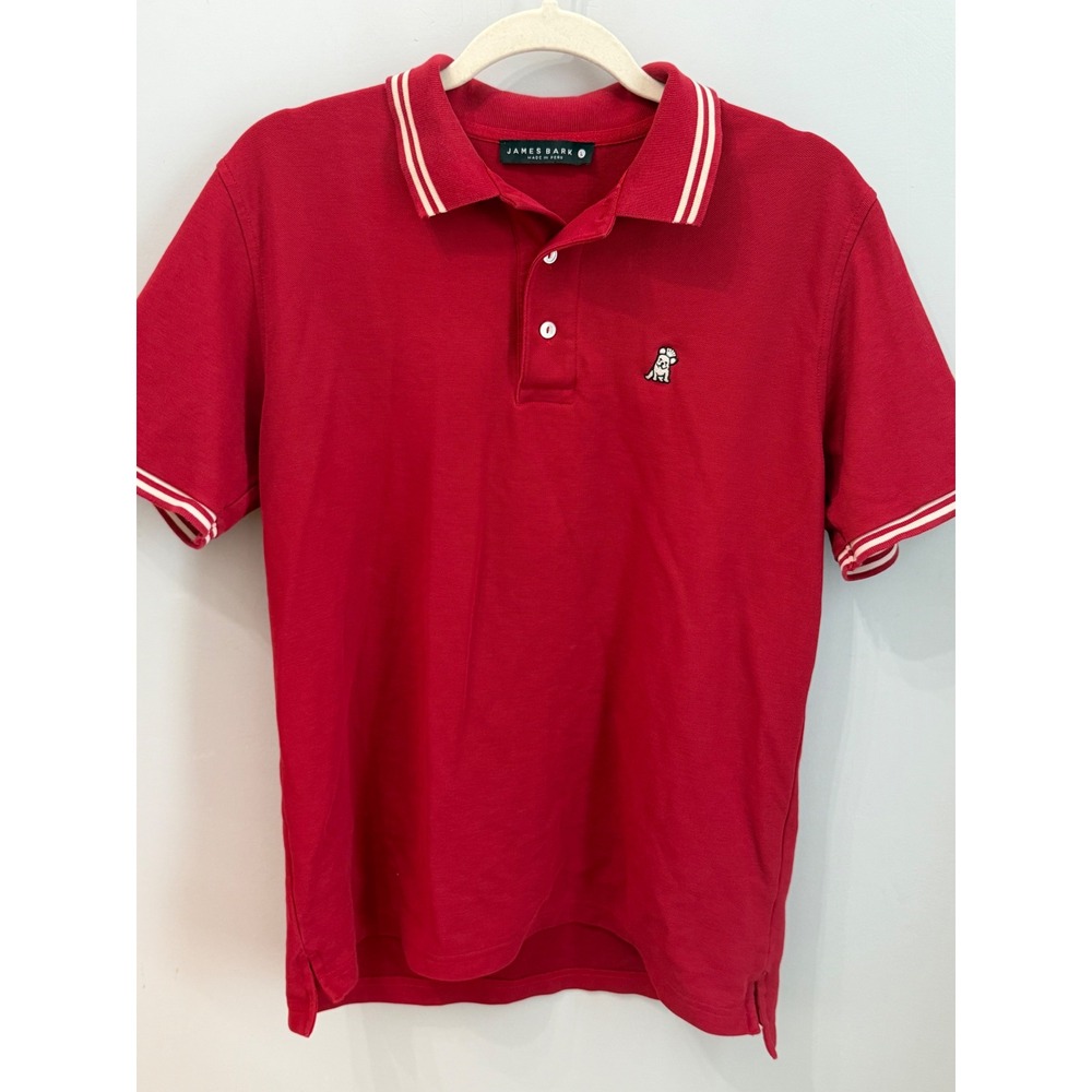 James Bark Men L Red Pima Cotton Polo Shirt Bulldog Dog Logo Tipped Collar